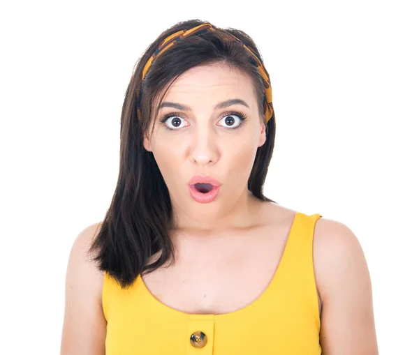 Surprised Face Woman Stare Camera Isolated White Background Surprise Expression — Stock Photo, Image