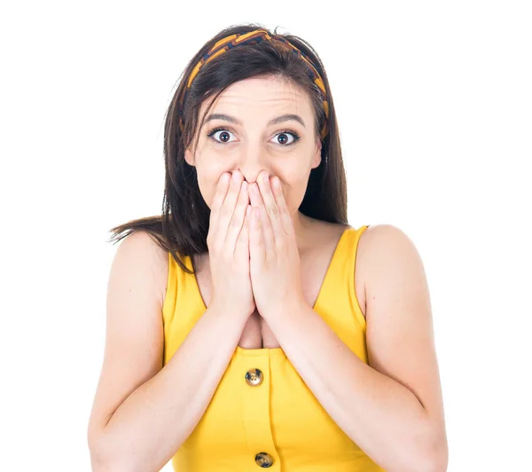 Astonished Woman Covers Her Mouth Isolated White Background Surprised Girl — Stock Photo, Image
