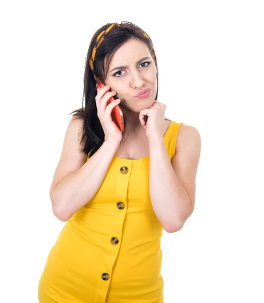 Bored Young Woman Phone Make Grimace Isolated White Background Annoying — Stock Photo, Image