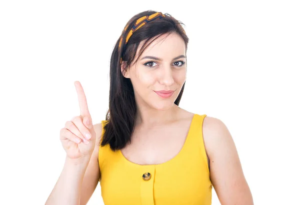 Şaret Parmağıyla Işaret Eden Genç Bir Kadın Beyaz Arka Planda — Stok fotoğraf