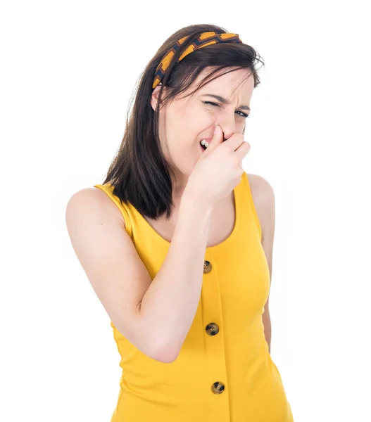 Mujer Insatisfecha Sosteniendo Dedo Nariz Tiene Una Expresión Asquerosa Cara —  Fotos de Stock