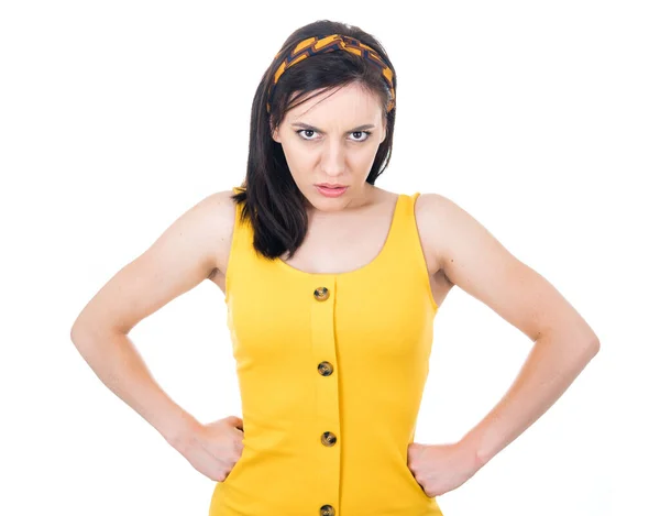 Angry Young Woman Hands Waist Looking Camera Isolated White Background — Stock Photo, Image