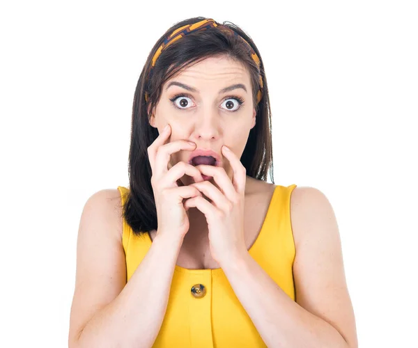 Scared Girl Biting Fingernail Being Terrible Accident Isolated White Background — Stock Photo, Image