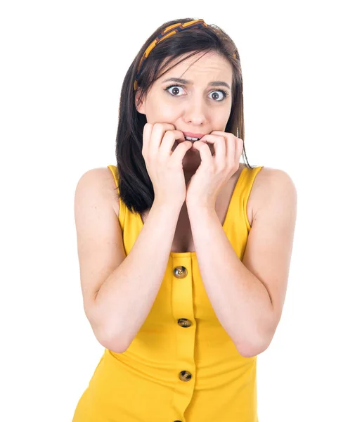 Worried Female Person Woman Biting Fingernail Isolated White Background Studio — Stock Photo, Image
