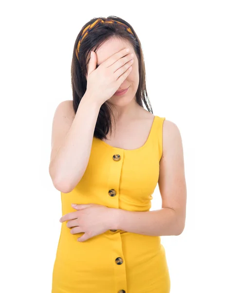 Young Woman Covering Face Hand Shame Isolated White Background Ashamed — Stock Photo, Image