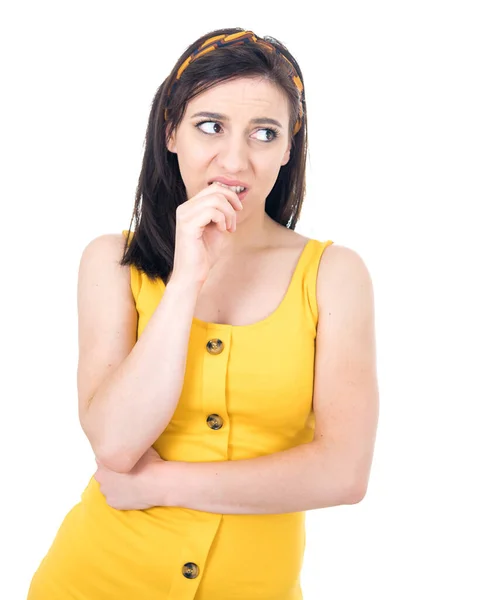 Oops Ashamed Young Woman Hand Cheek Shame Concept Isolated White — Stock Photo, Image