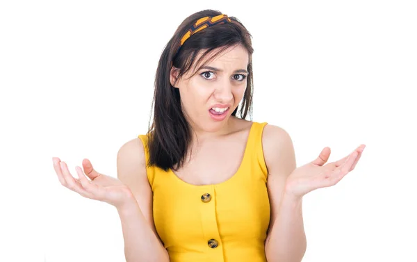 Confused Young Woman Shrugging Shoulders Don Know What Say Isolated — Stock Photo, Image