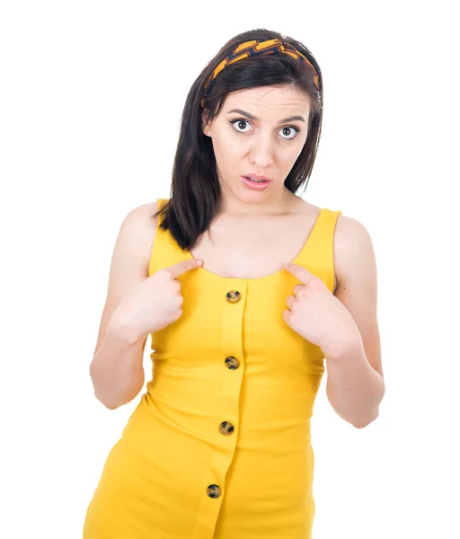 Guilty Guiltless Confused Young Woman Isolated White Background Studio Shot — Stock Photo, Image