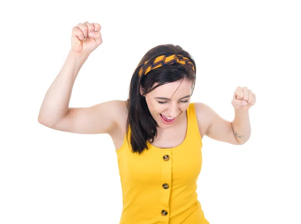 Excited Young Woman Clenched Fist Hands Celebrate Success Isolated White — Stock Photo, Image