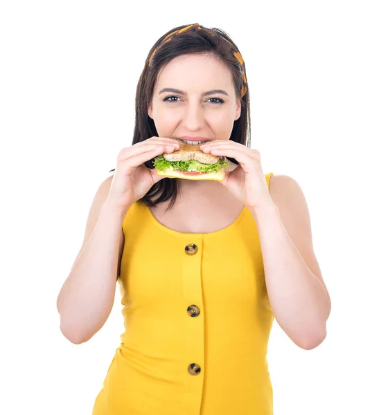 Mujer Joven Comiendo Sándwich Sonriente Chica Hermosa Sosteniendo Comida Rápida — Foto de Stock