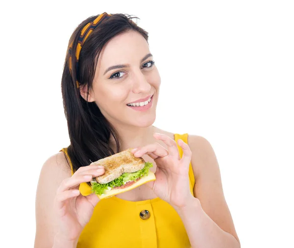 Närbild Ung Kvinna Äter Smörgås Vacker Flicka Njuter Snabbmat Läckra — Stockfoto