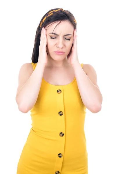 Ból Głowy Młoda Kobieta Cierpiąca Ból Głowy Odizolowana Białym Tle — Zdjęcie stockowe