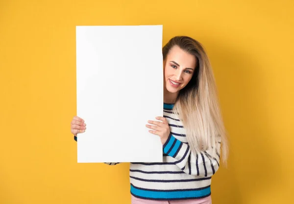 Smiling Young Women Holding White Board Isolated Yellow Background One — Stock Photo, Image