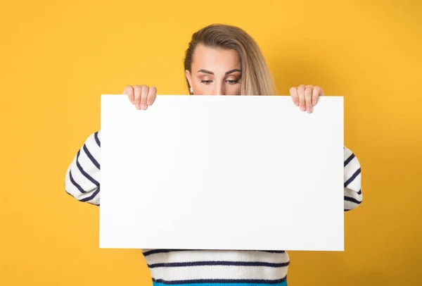 Close Woman White Board Looking Empty Space Isolated Yellow Background — Stock Photo, Image