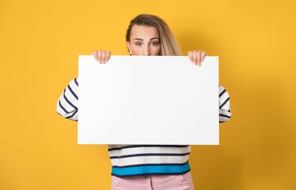 Surprised Face Young Women White Board Isolated Yellow Background One — Stock Photo, Image