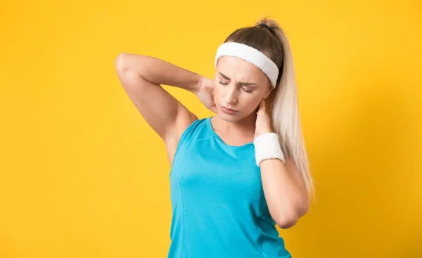 Overworked Young Sportswoman Have Pain Neck Isolated Yellow Background Tired — Stock Photo, Image