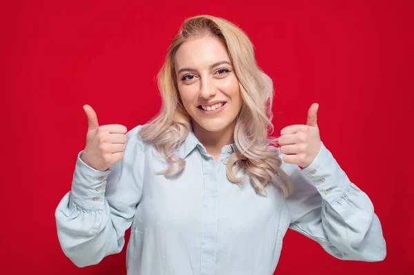 Young Woman Thumbs Concept Isolated Red Background Yes Gesturing Sings Royalty Free Stock Photos