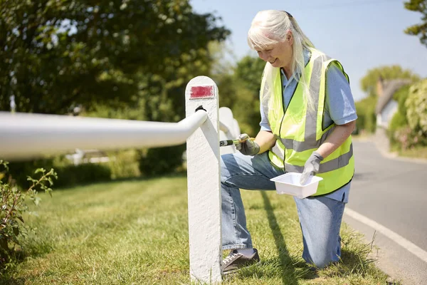 Senior Retired Woman Helping Maintain Community Painting Fence Post — Stock Photo, Image