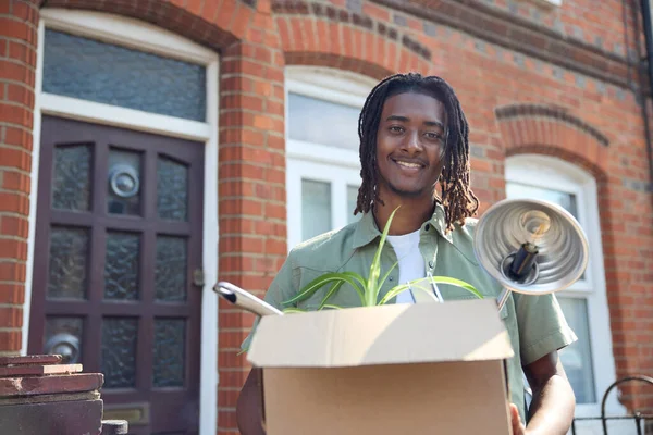 Portrait Young Man Student Moving House Flat Apartment Dalam Bahasa — Stok Foto