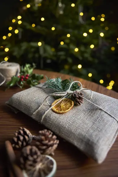 stock image Close Up Of Christmas Gift Wrapped And Decorated With Eco Friendly Reusable Sustainable Materials