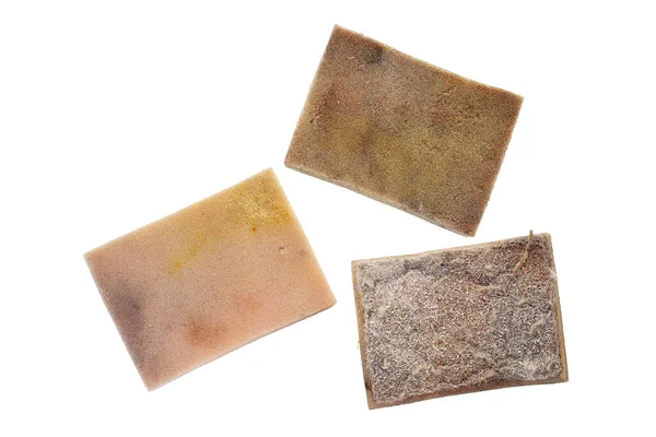 Stare Brudne Naczynia Mycia Gąbki Zużytą Powierzchnią Używane Czyszczenia Kuchni — Zdjęcie stockowe