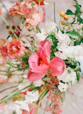 Canlı bir buket, bahar ve doğanın cömertliğini sembolize eden beyaz ve çeşitli renkli çiçeklerle çevrili pembe laleler içerir..