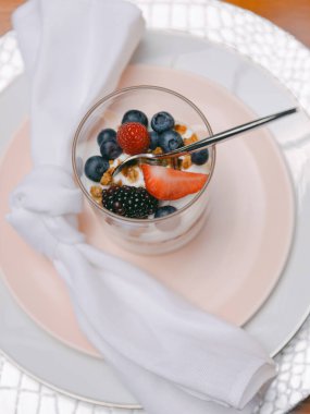 Yoğurt, granola ve çeşitli taze böğürtlenlerden yapılmış güzel bir parfe bir tabakta zarif bir şekilde oturur ve her toplanma için mükemmel bir yemek sunumu sunar..