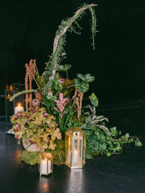 Çeşitli yeşil bitkilerin, çiçek aksanlarının ve zarif fenerlerin çarpıcı bir görüntüsü karanlık bir kapalı alanda sakin bir atmosfer yaratır. Kutlama için mükemmel bir ortam..