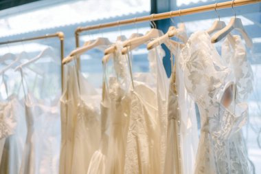 Hassas gelinlik koleksiyonu bir butikte sergileniyor, doğal ışıkla aydınlatılıyor. Elbiseler çeşitli tasarımlar içeriyor, zarafet ve cazibe yayıyor..