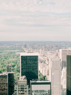 Central Park 'ın canlı yeşilliğinin üzerinde yükselen gökdelenler parlak bir gökyüzünün altında hareketli bir şehir silueti sergiliyor..