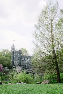 Bir taş kale gururla duruyor yemyeşil ve uzun bir ağacın arasında baharda doğanın güzelliğini sergiliyor..