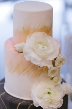 Zarif beyaz çiçekler ve yumuşak pastel renklerle süslenmiş göz kamaştırıcı bir düğün pastası..