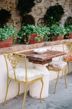 Saksı bitkileriyle, ahşap bir masa ve desenli sandalyelerle konforlu bir açık hava yemek takımı sizi rahatlamaya davet ediyor..