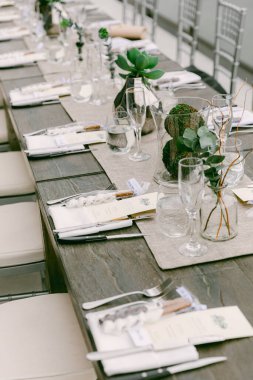 Çağdaş bir ortamda unutulmaz bir toplantı için güzel hazırlanmış cam eşyalar ve bitkiler..