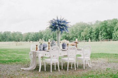 Bulutlu bir günde manzaralı yeşil bir alanda beyaz sandalyeli ve çiçekli güzel bir masa..