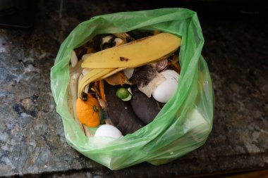 Yeşil bir torbada toplanan çeşitli meyve ve sebze artıkları granit mutfak tezgahının üzerinde duruyor..