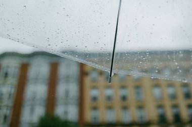 Yağmurlu bir öğleden sonra yürüyüşü için uygun olan şehir ortamında şeffaf bir şemsiye üzerinde yağmur damlaları birikir..