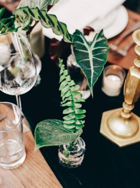 Güzel düzenlenmiş bir masa yemyeşil bitkiler, şarap bardakları ve sıcak bir yemek atmosferinde bir mum içerir..