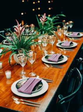 Mor peçeteler, bardaklar ve yemyeşil bitkiler içeren güzel bir yemek masası. Zarif bir akşam için mükemmel..