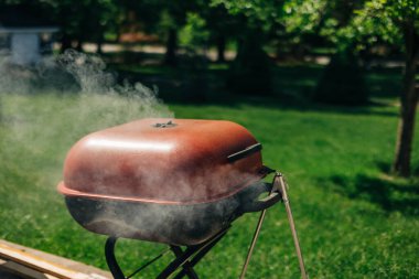 Bir kömür ızgarası, yaz etkinlikleriyle dolu güneşli bir günde yemyeşil bir arka bahçede duman salar..