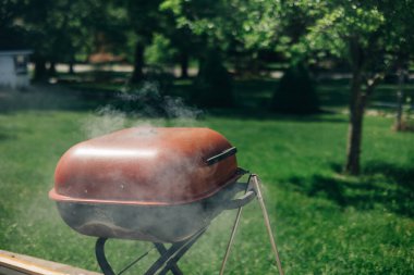 Sıcak bir öğleden sonra yemyeşil ağaçlarla dolu güneşli bir bahçede, kırmızı bir ızgaradan duman yükselir..