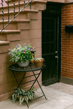 Renkli saksılar, kumtaşı bir binanın girişindeki küçük bir masayı süslüyor ve hoş bir atmosfer yaratıyor..