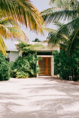 Parlak ve davetkar bir tropikal villa girişi, açık bir gökyüzünün altında palmiye ağaçları ve canlı bitkilerle çerçevelenmiş..