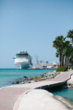 Güneşli bir günde, bir rıhtım yolu boyunca palmiye ağaçlarının yakınına demir atmış bir yolcu gemisi..