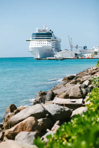 Büyük bir yolcu gemisi açık gökyüzü ve kıyıya vuran hafif dalgalarla bir limana demir attı..