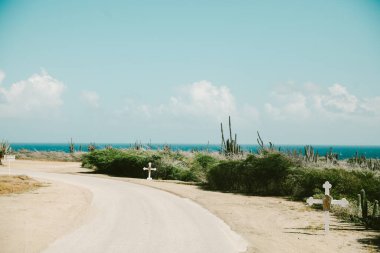 Dolambaçlı bir yol okyanusa doğru ilerliyor, kaktüs ve beyaz haçlarla çevrili, parlak mavi bir gökyüzünün altında..