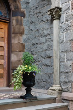 Yeşillik, büyük bir taş girişi ile yerleştirilmiş siyah bir vazodan dökülüyor. Mimari detaylar sergileniyor..