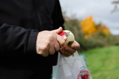 Beyefendiler serin bir sonbahar gününde dışarıda dinlenirken elma soyarlar..