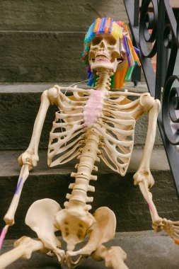 Basamaklarda parlak bir perukla süslenmiş bir iskelet canlı bir şehir atmosferine neşeli bir ruh getiriyor..