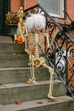Sonbahar yaprakları ve dekorasyonlarla dolu bir merdivende iki neşeli iskelet Cadılar Bayramı ruhunu sergiliyor..